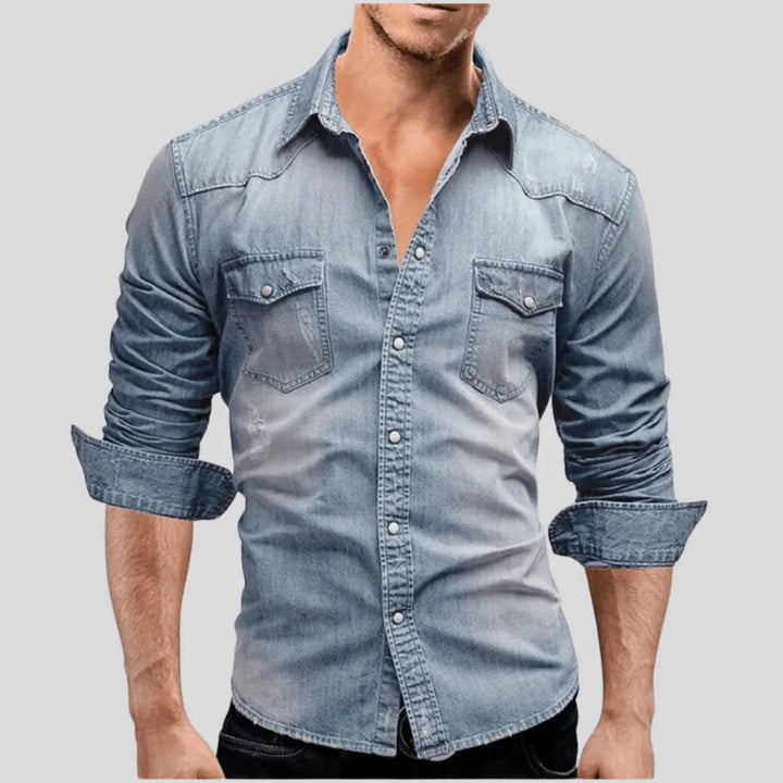 T-shirt da uomo in denim con chiusura a scatto, vestibilità classica e maniche lunghe, ideale per l'uso quotidiano.