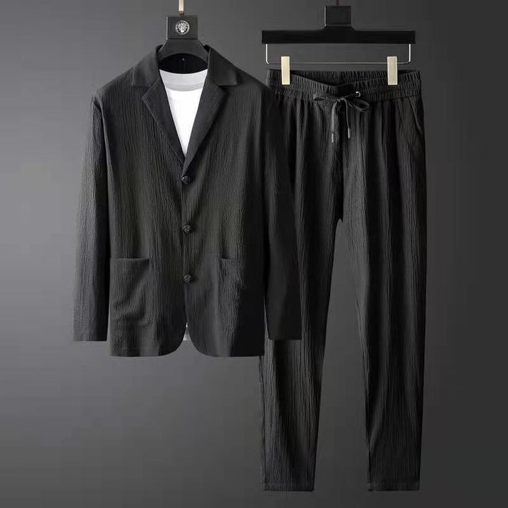 Elegante ensemble casual da uomo - Blazer slim fit e pantaloni jogger eleganti in tessuto testurizzato con chiusura a tre bottoni