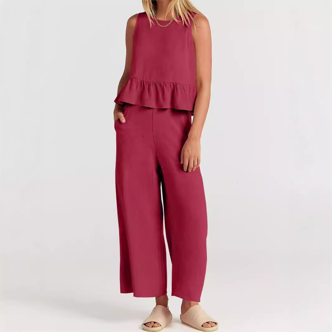 Top peplo e cappotto in misto cotone melange da donna - Top svasato senza maniche con colletto a coste