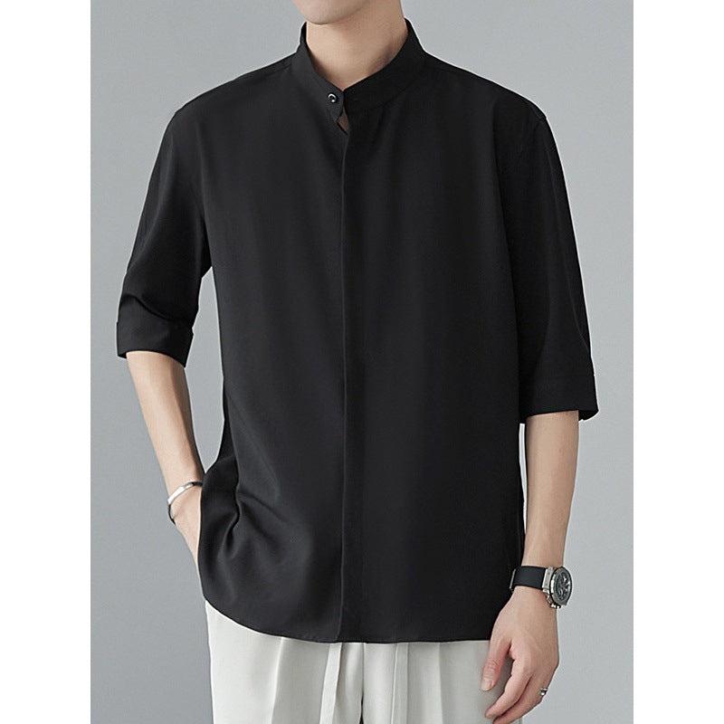 Camisa de manga larga para homme con ajuste relajado, cuello mandarín, tela leggera e traspirante per una maggiore comodità