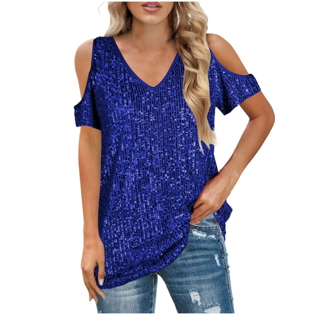 Top da donna eleganti con scollature a punta e paillettes, con due spalline e polsini laterali alla moda