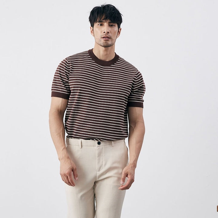 Elegante camicia da uomo slim fit in maglia a righe orizzontali e polsini a costine - Confortevole misto cotone