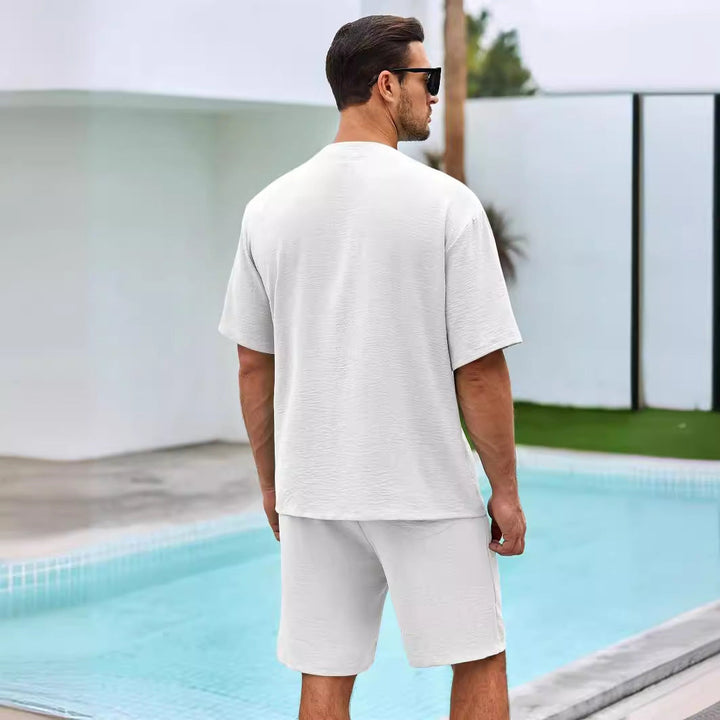 Completo maschile a due pezzi - Elegante camice a V con bottoni e comodi pantaloncini d'algodon traspiranti