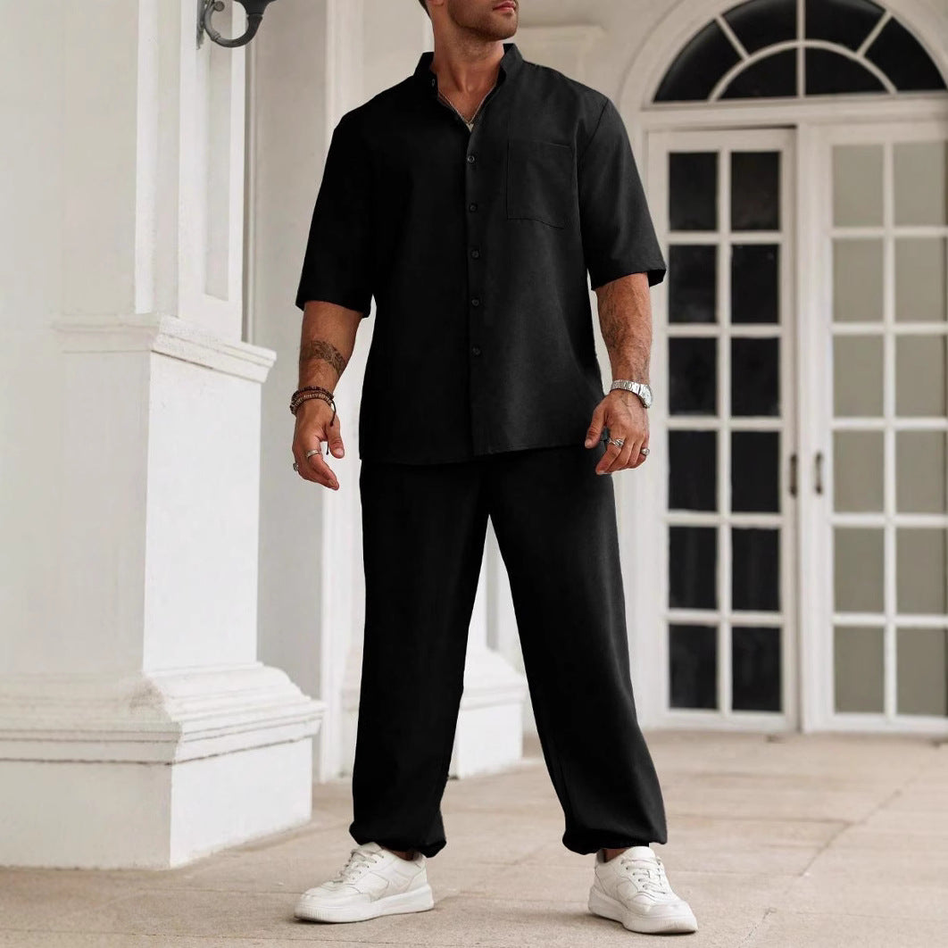 Set completo per uomo - elegante T-shirt a maniche corte e comodi pantaloni in misto cotone e lino - vestibilità rilassata