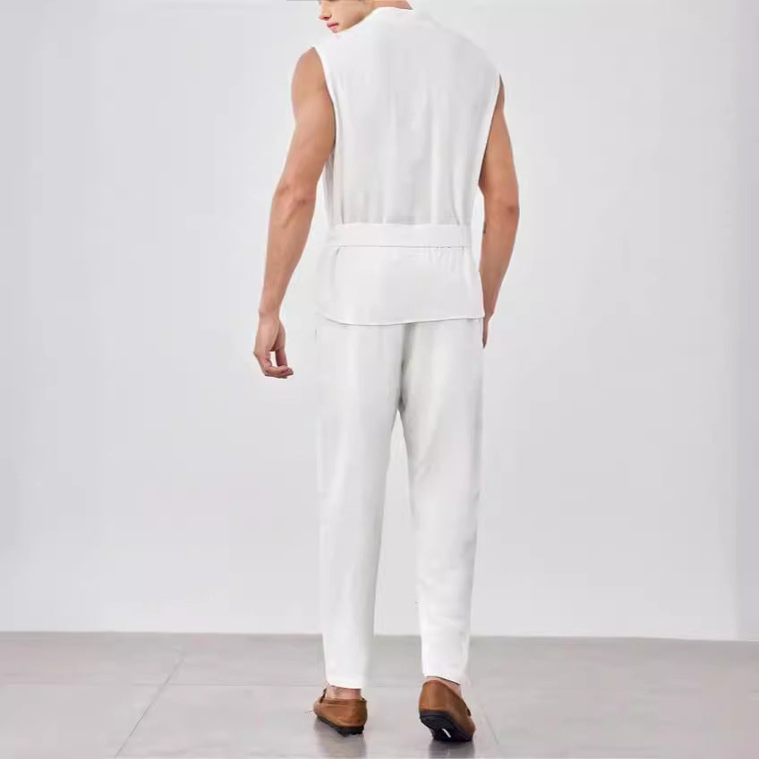 Set completo da uomo: gilet e pantaloni leggeri in tessuto Coton Léger di alta qualità con elegante top senza maniche e confortevole fodera interna