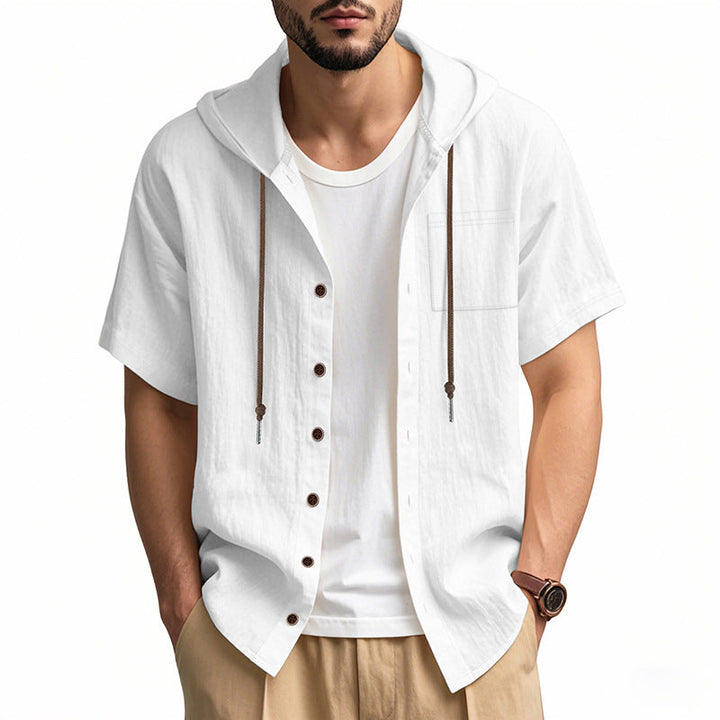 Elegante camicia con cappuccio da uomo in misto lino naturale - comoda, vestibilità ampia, maniche corte e pratici bottoni frontali