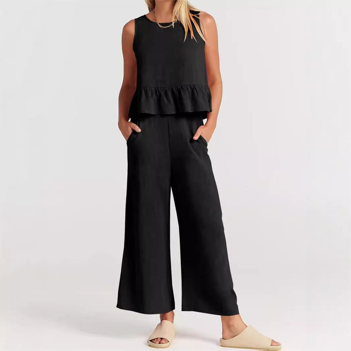 Top peplo e cappotto in misto cotone melange da donna - Top svasato senza maniche con colletto a coste