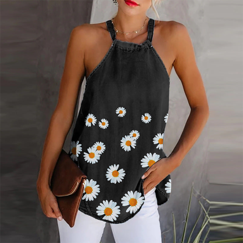 Camisole Femme Élégante en Denim Légèrement Confortable avec Bretelles Spaghetti et Imprimé Marguerites