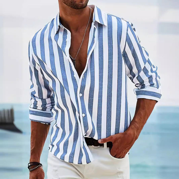 Elegante camicia da uomo a maniche lunghe in misto cotone e lino - comoda, ampia e con un'intramontabile fantasia a righe