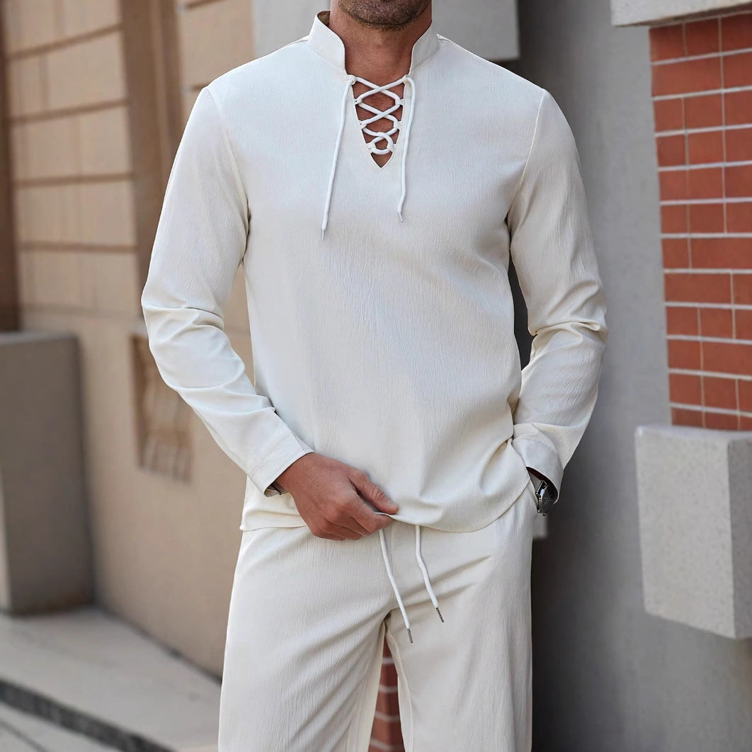 Camicia Henley casual da uomo in misto cotone e lino con allacciatura sul petto alla moda - comoda vestibilità ampia e colletto elasticizzato per uno stile unico