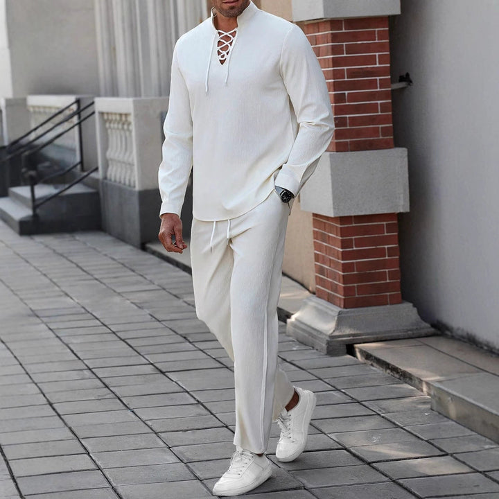 Camicia Henley casual da uomo in misto cotone e lino con allacciatura sul petto alla moda - comoda vestibilità ampia e colletto elasticizzato per uno stile unico