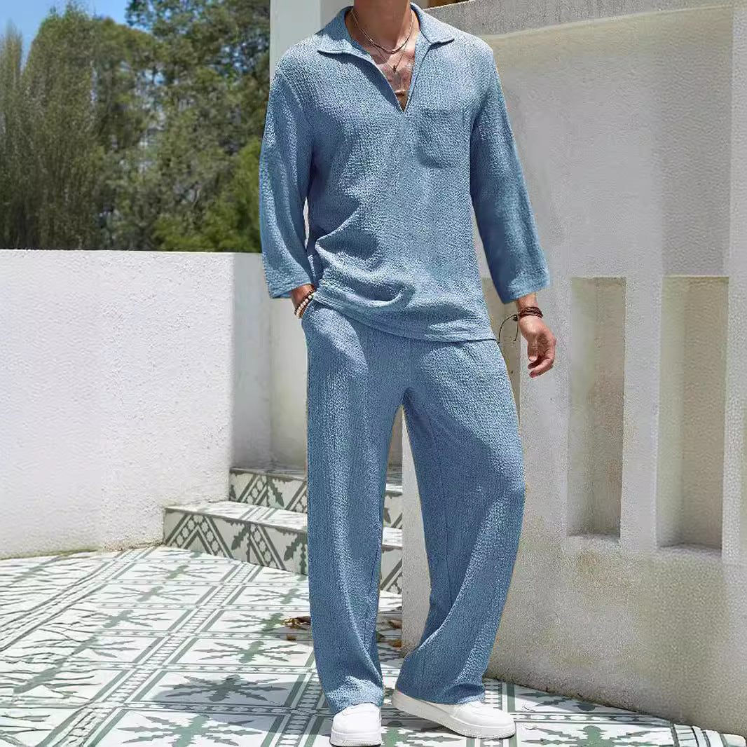 Confortevole set da uomo - elegante camicia a maniche lunghe e morbidi pantaloni in materiale pregiato