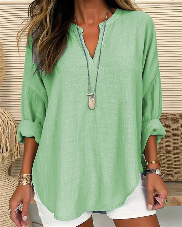 Camicetta a maniche lunghe da donna in stile melange - Comodo top con colletto Mao