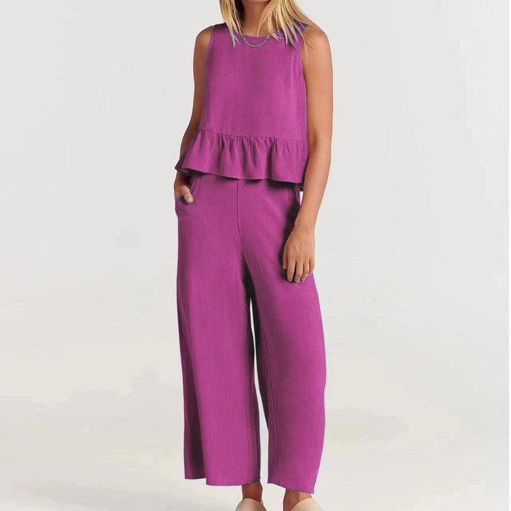 Top peplo e cappotto in misto cotone melange da donna - Top svasato senza maniche con colletto a coste