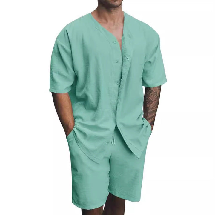 Completo maschile a due pezzi - Elegante camice a V con bottoni e comodi pantaloncini d'algodon traspiranti