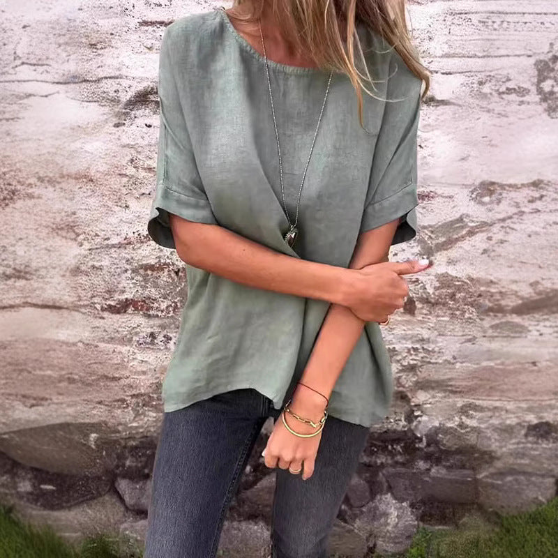 Elegante camicia da donna in lino melange con fondo svasato ed eleganti polsini a tutta lunghezza - ideale per le occasioni informali