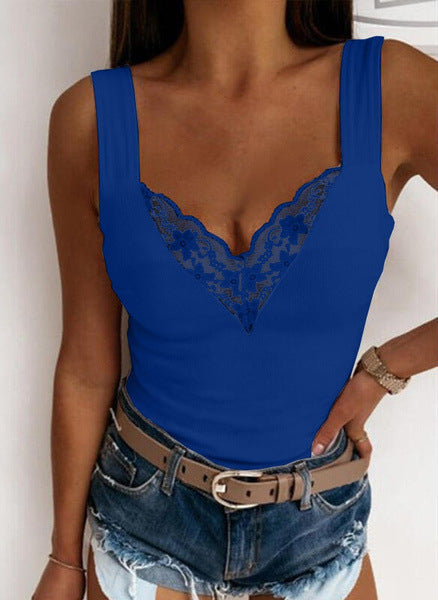 Débardeur sans manches pour femmes à encolure en V en dentelle - Coupe ajustée, légère et décontractée, parfait pour un look élégamment décontracté