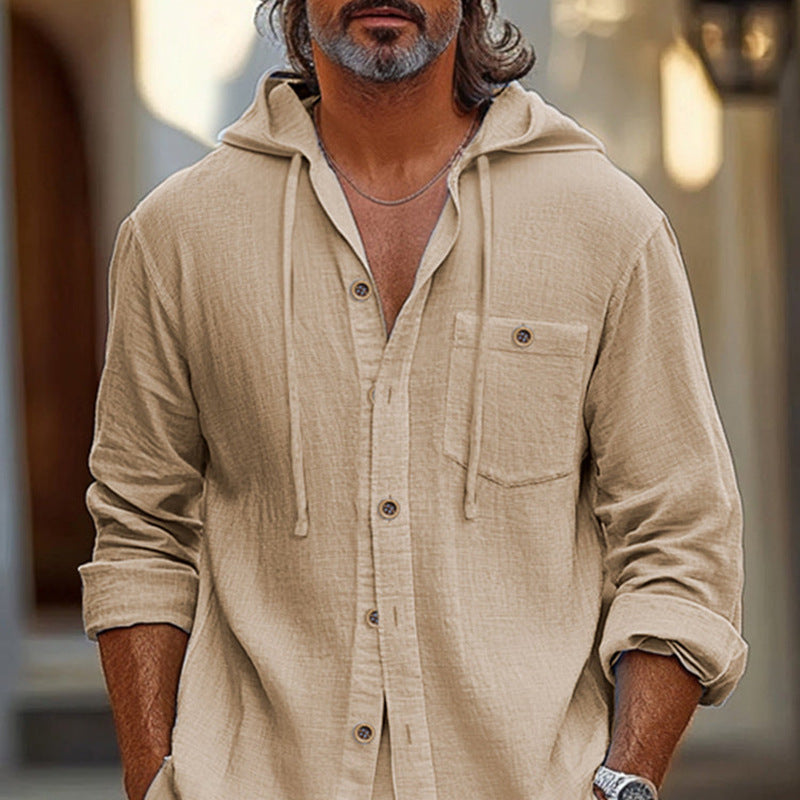 Elegante camicia da uomo in lino con cappuccio - vestibilità comoda e rilassata con bottoni frontali e maniche lunghe per l'abbigliamento di tutti i giorni