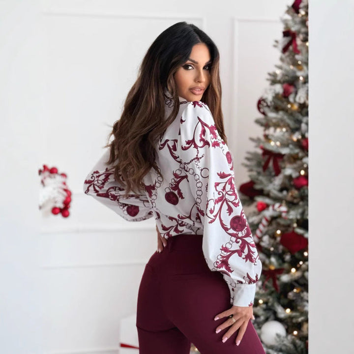 Elegante camicia da donna a maniche lunghe, vestibilità sartoriale, elegante colletto a fiocco, stampa alla moda e polsini con bottoni classici