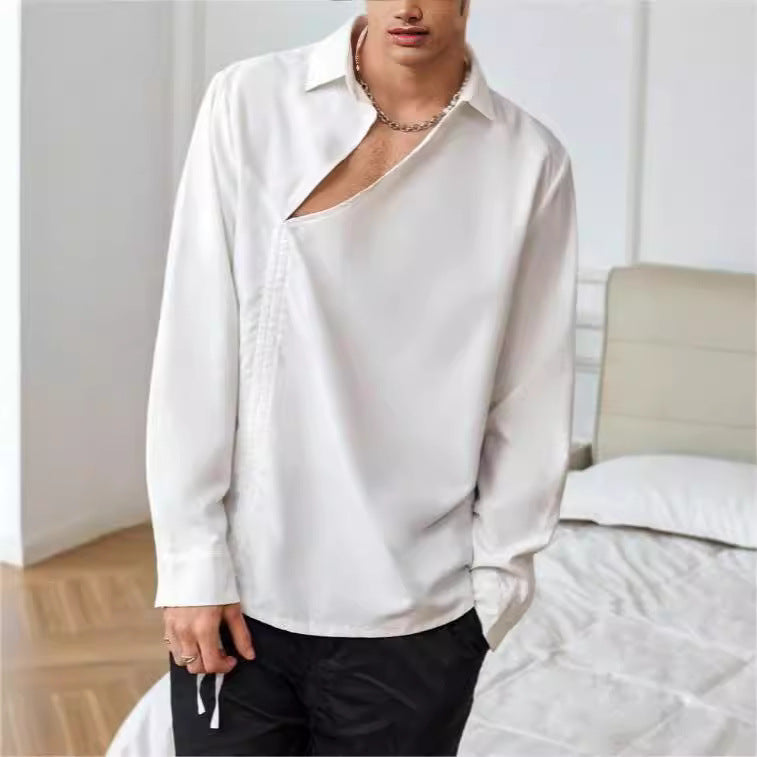Elegante t-shirt da uomo a maniche lunghe con scollo a punta - attraente allacciatura frontale e morbido cotone melange a maglia grossa