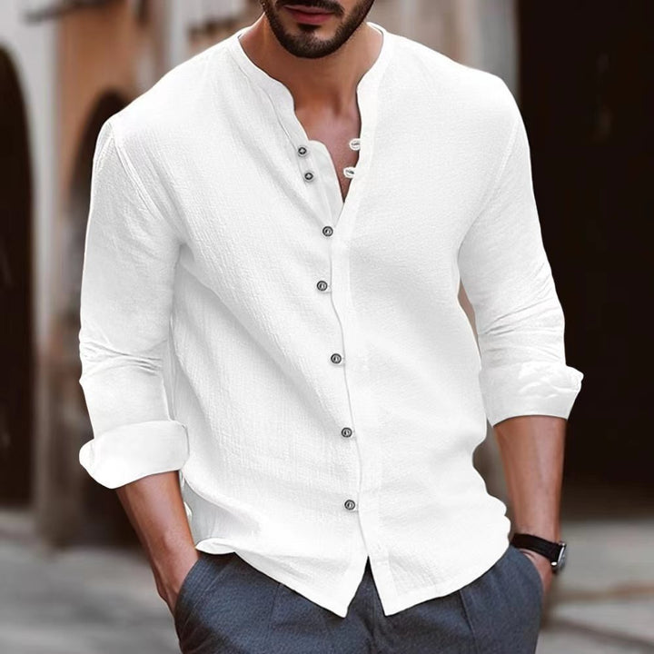 Scarpe sportive Camicia a Manica Lunga da uomo in misto cotone e lino - Taglio comodo e casual - Colletto con cintura - Versione con bottoni