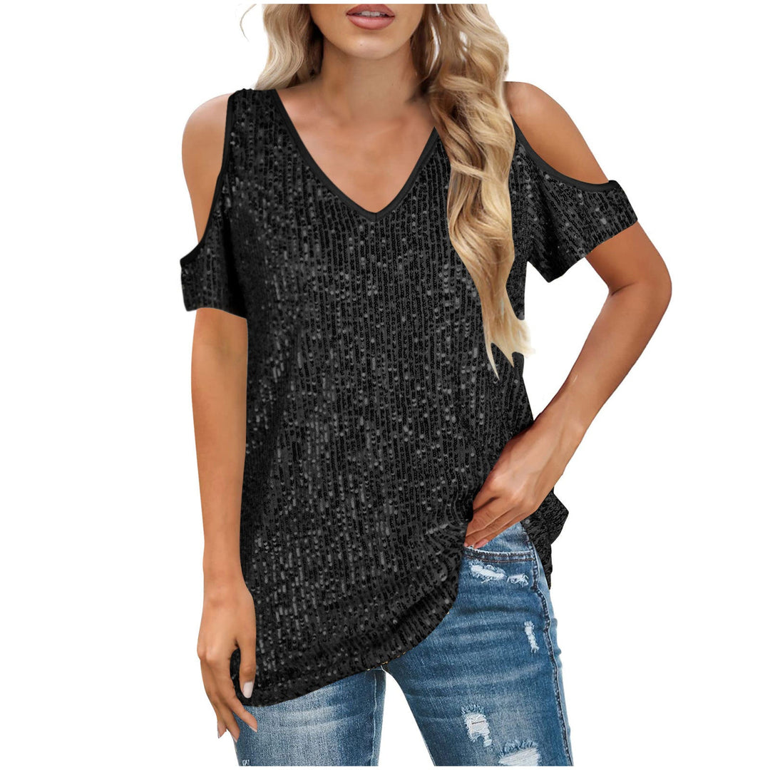 Top da donna eleganti con scollature a punta e paillettes, con due spalline e polsini laterali alla moda