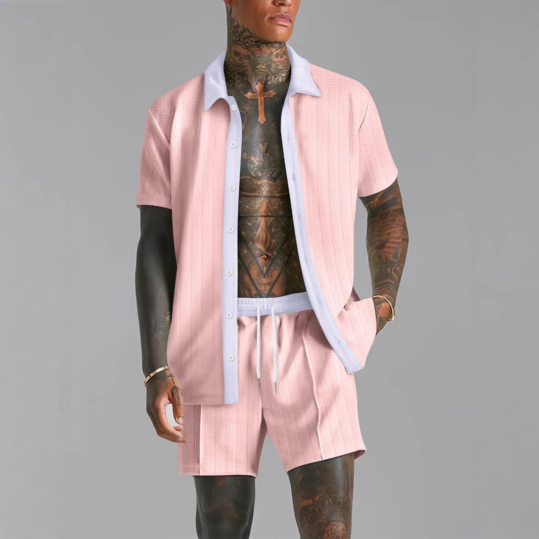 Set da uomo: T-shirt elegante e comodi pantaloncini in cotone melange con inversione di colore e pratica coulisse