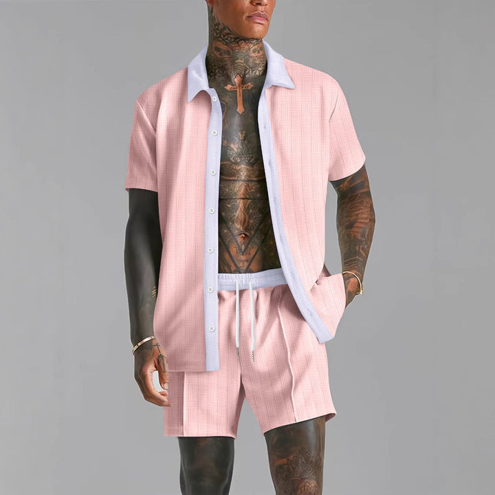 Set da uomo: T-shirt elegante e comodi pantaloncini in cotone melange con inversione di colore e pratica coulisse