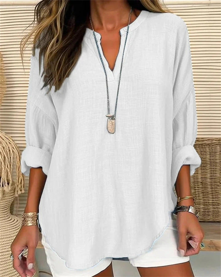 Camicetta a maniche lunghe da donna in stile melange - Comodo top con colletto Mao