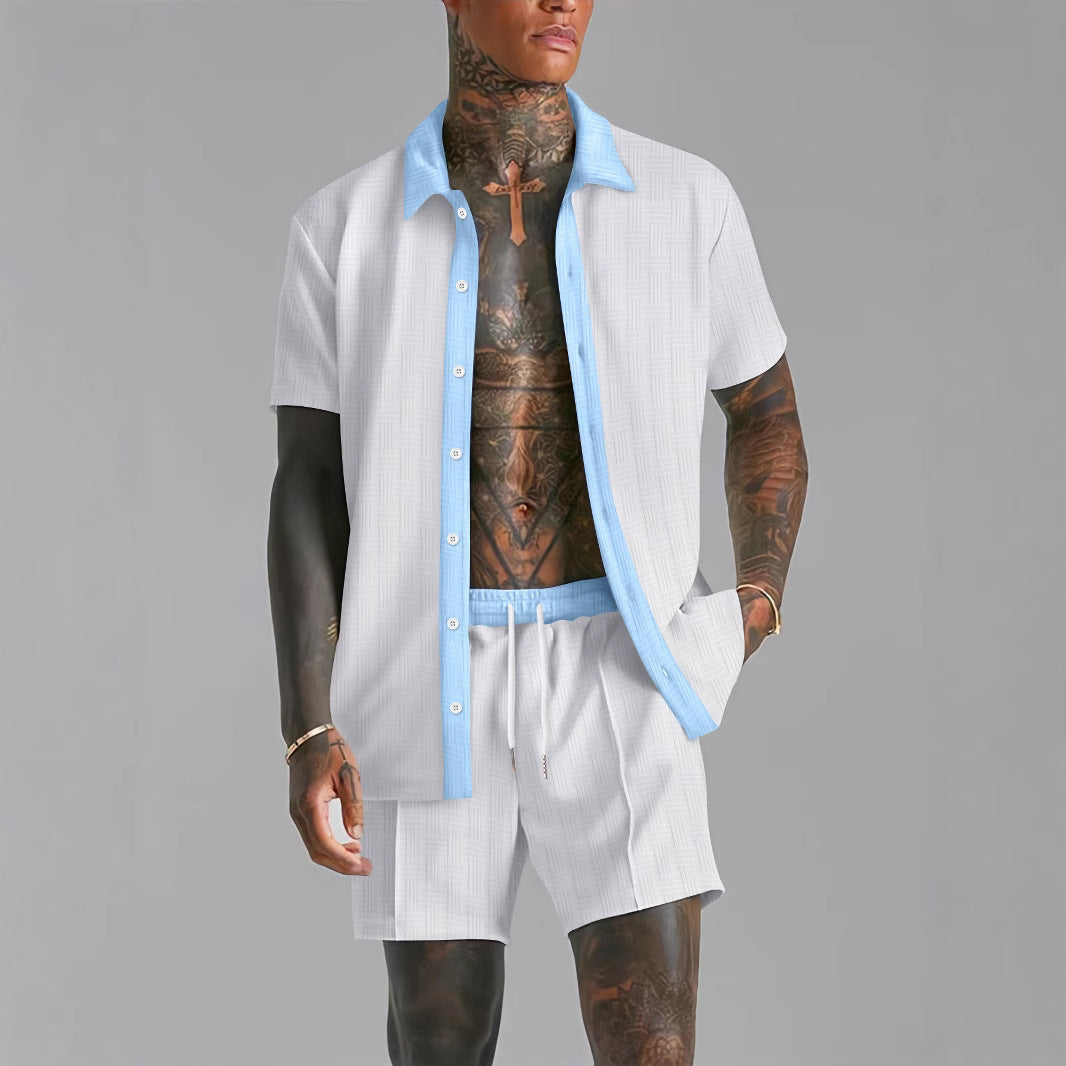 Set da uomo: T-shirt elegante e comodi pantaloncini in cotone melange con inversione di colore e pratica coulisse