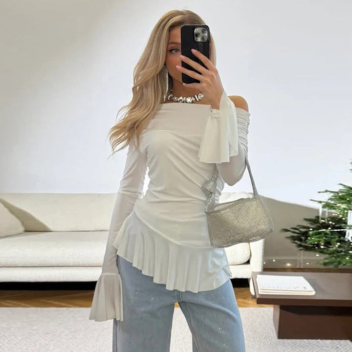 Blusa ajustada para mujer con cuello披肩, mangas con volantes y dobladillo plisado en tela elástica
