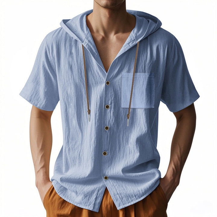 Elegante camicia con cappuccio da uomo in misto lino naturale - comoda, vestibilità ampia, maniche corte e pratici bottoni frontali