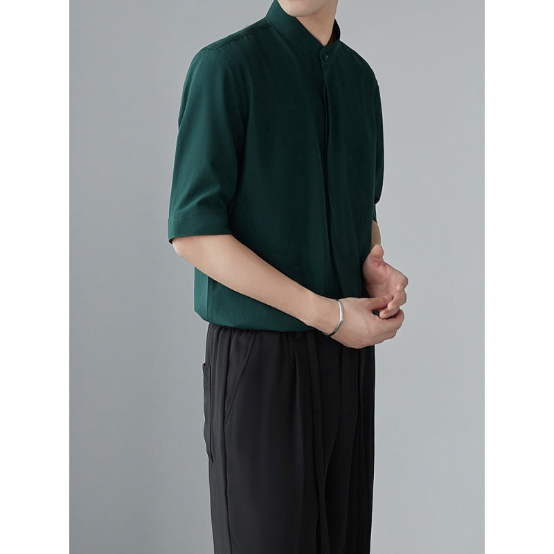 Camisa de manga larga para homme con ajuste relajado, cuello mandarín, tela leggera e traspirante per una maggiore comodità