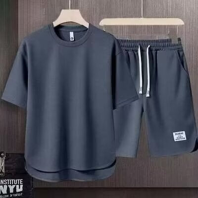 Set sportivo da uomo con orlo regolabile - comoda T-shirt con pantaloncini corti e coulisse, in cotone elasticizzato e traspirante