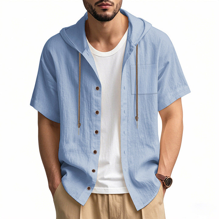 Elegante camicia con cappuccio da uomo in misto lino naturale - comoda, vestibilità ampia, maniche corte e pratici bottoni frontali