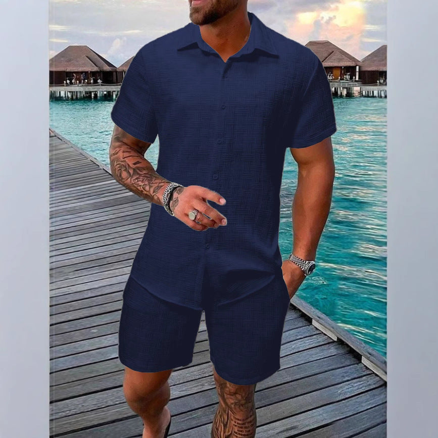 Confortevole set da uomo a due pezzi in cotone naturale con texture jacquard alla moda per uno stile casual