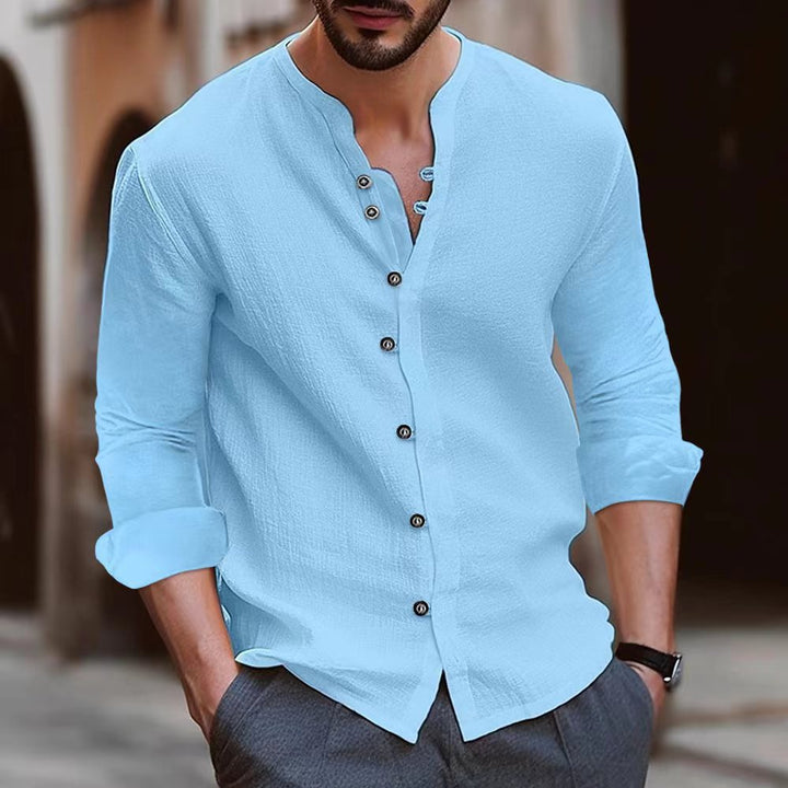 Scarpe sportive Camicia a Manica Lunga da uomo in misto cotone e lino - Taglio comodo e casual - Colletto con cintura - Versione con bottoni