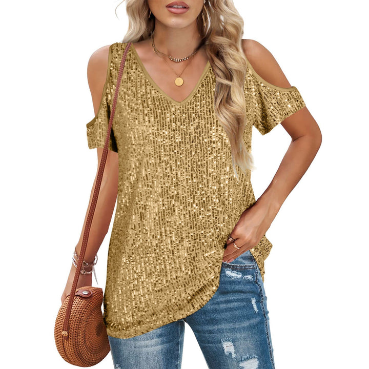 Top da donna eleganti con scollature a punta e paillettes, con due spalline e polsini laterali alla moda