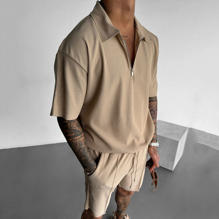 Completo di polo e pantaloni corti per uomo - Massimo comfort ed eleganza - Cappuccio con crema e cintura con cordone - Algodón trasparente per i tuoi giorni di attività