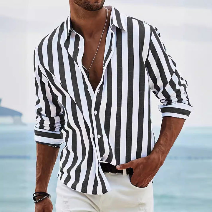 Elegante camicia da uomo a maniche lunghe in misto cotone e lino - comoda, ampia e con un'intramontabile fantasia a righe