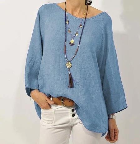 Top da donna in cotone e lino - Stile casual con maniche raglan a 3/4 e finiture asimmetriche