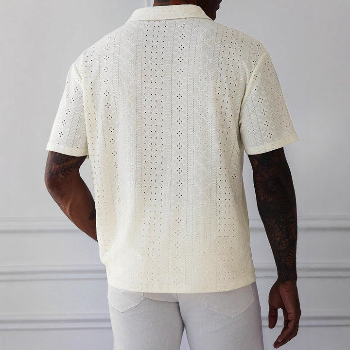 Elegante T-shirt da uomo in maglia con pizzo jacquard - vestibilità rilassata, maniche corte e scollatura a punta - traspirante e confortevole.
