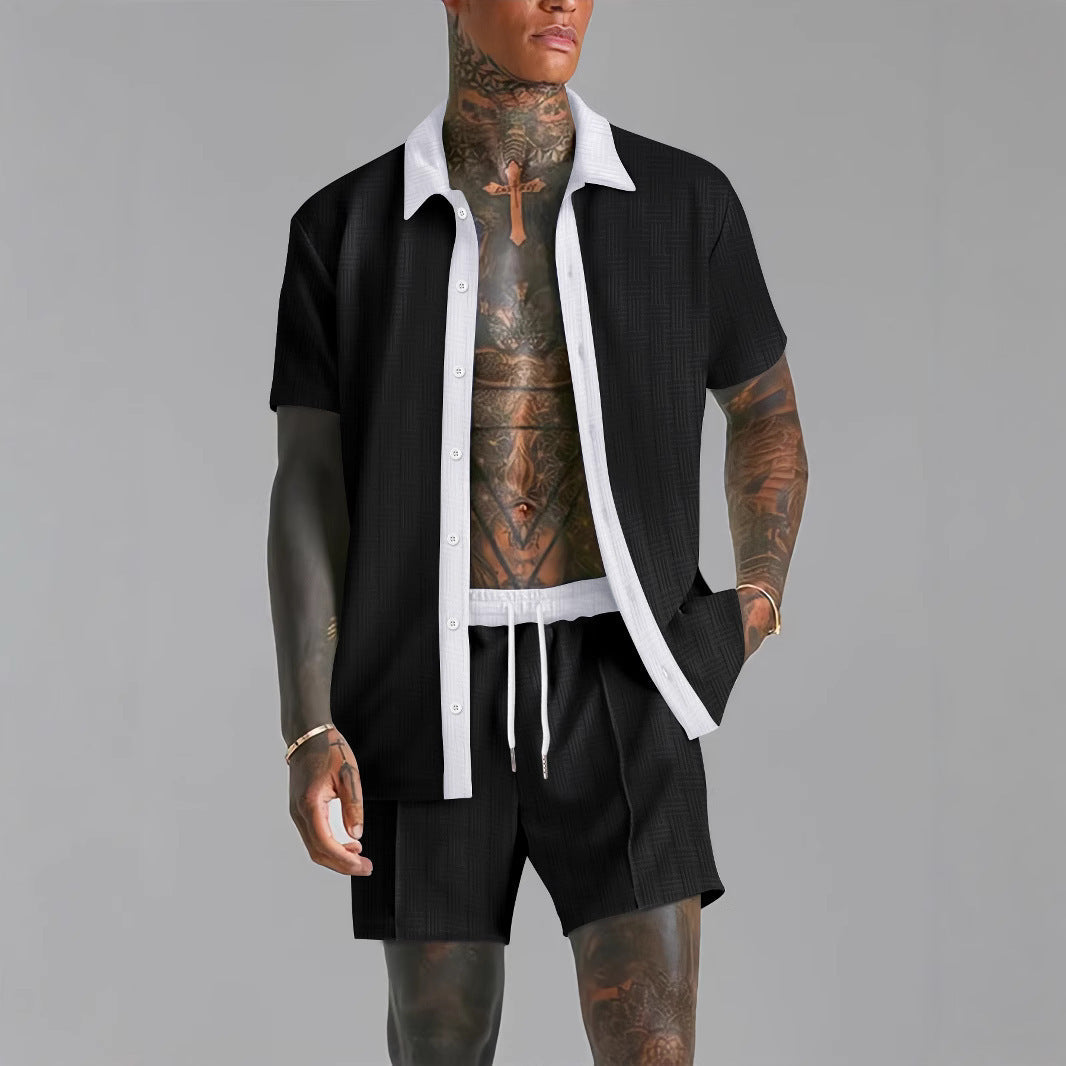 Set da uomo: T-shirt elegante e comodi pantaloncini in cotone melange con inversione di colore e pratica coulisse