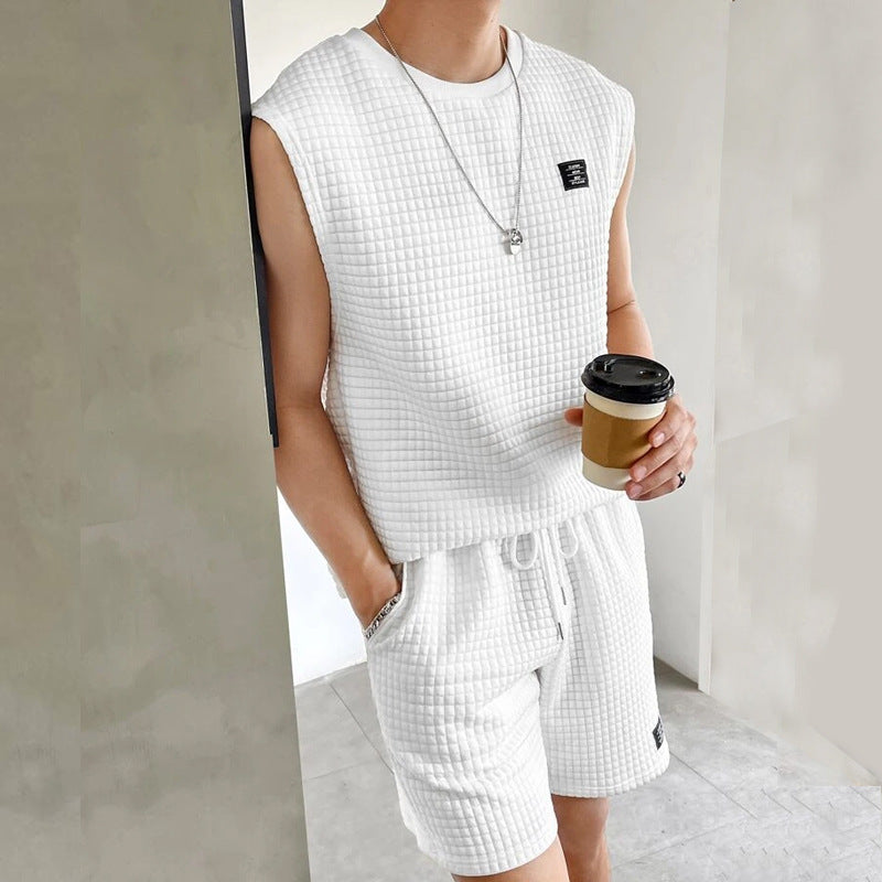 Set da uomo in maille gaufrée - Comodo top e pantaloncini senza maniche per tutti i giorni