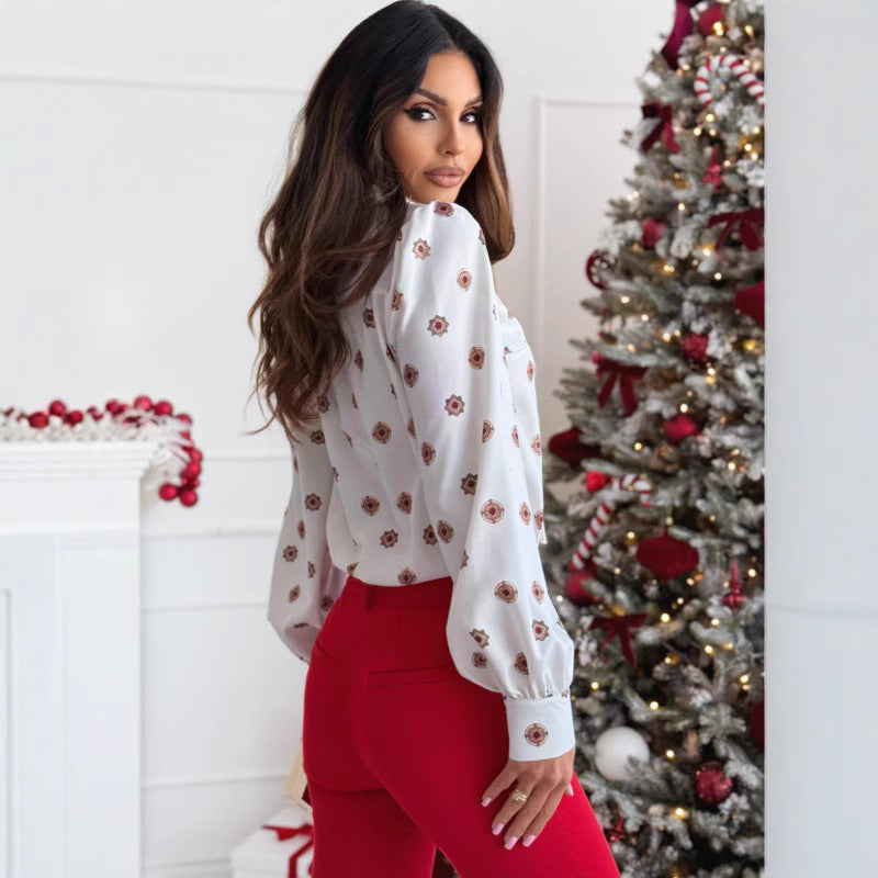 Elegante camicia da donna a maniche lunghe, vestibilità sartoriale, elegante colletto a fiocco, stampa alla moda e polsini con bottoni classici