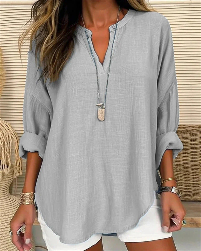 Camicetta a maniche lunghe da donna in stile melange - Comodo top con colletto Mao