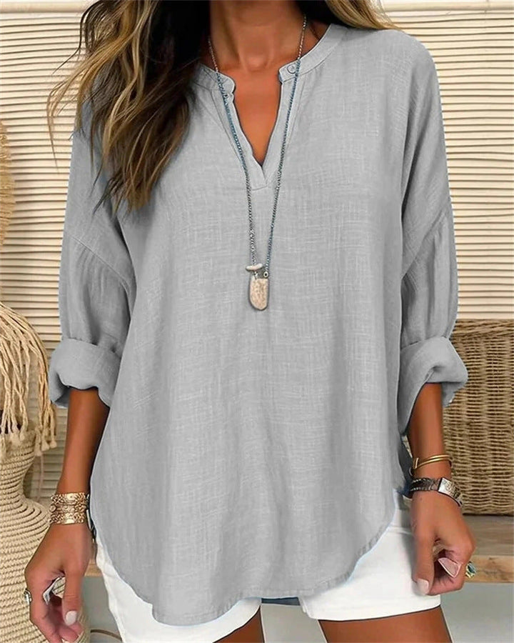 Camicetta a maniche lunghe da donna in stile melange - Comodo top con colletto Mao