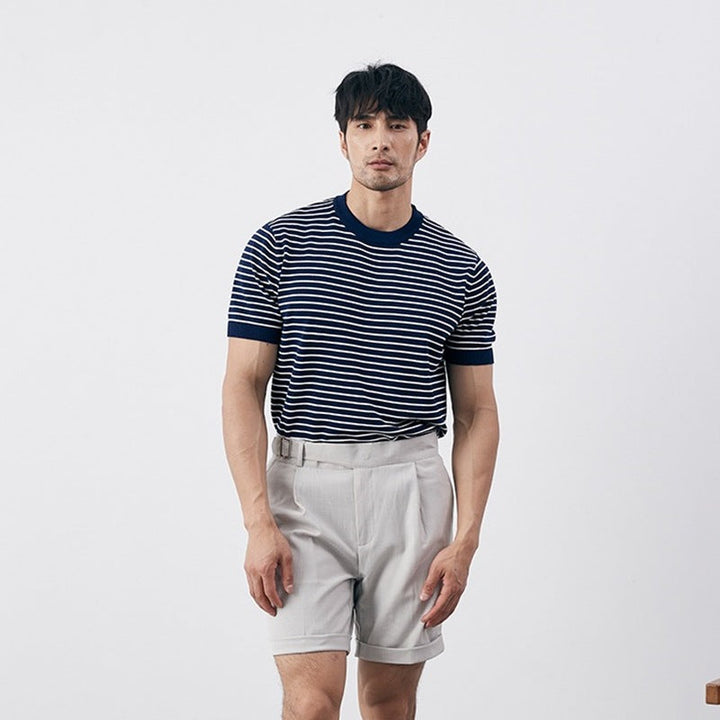 Elegante camicia da uomo slim fit in maglia a righe orizzontali e polsini a costine - Confortevole misto cotone
