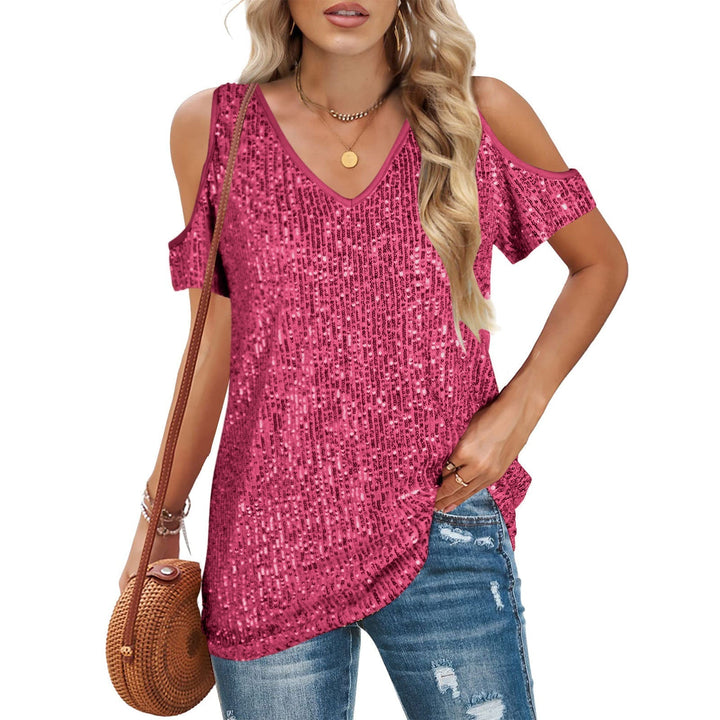 Top da donna eleganti con scollature a punta e paillettes, con due spalline e polsini laterali alla moda