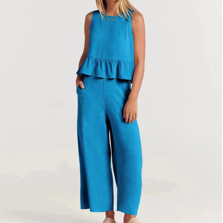 Top peplo e cappotto in misto cotone melange da donna - Top svasato senza maniche con colletto a coste